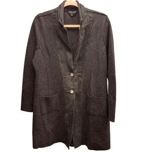 Eileen Fisher Merino Wool Lamb Leather Two Button Coatigan Cardigan Women Medium